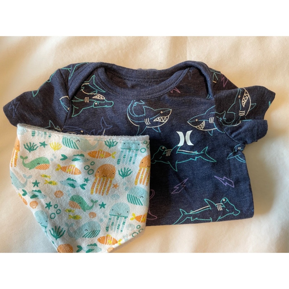 Hurley Baby Clothes One Piece Bodysuit Blue‎ with Sharks and Bib Size 6 Months